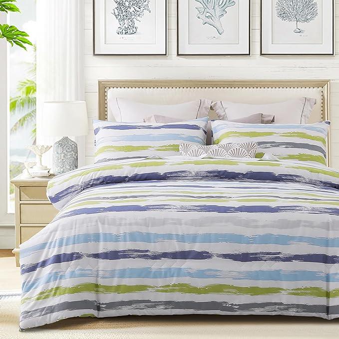 Comforter Set 600 Thread Count Cotton Blue Yellow Striped Patchwork Down Alternative Bedding Set