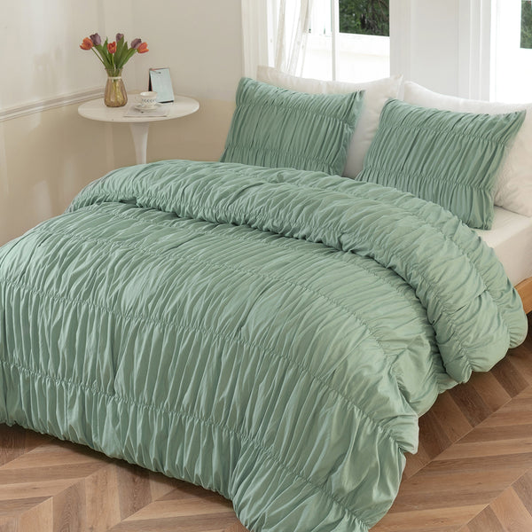 1 CASE | Comforter Set Pleats- 3 Pieces Microfiber Bedding Set with 1 Comforter, 2 Pillow Shams Lightweight All-Season Bed Set - SageGreen