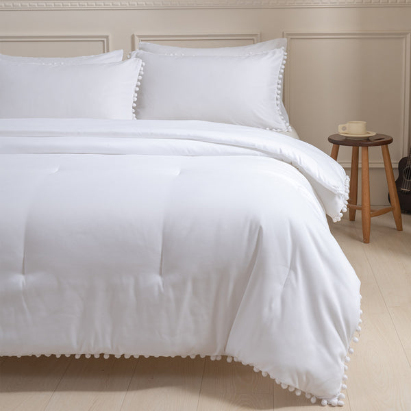 1 CASE | White 3 Pieces Comforter Sets with Ball Pom Fringe, Soft Bedding Set for All Seasons