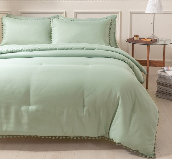 1 CASE | Green 3 Pieces Comforter Sets with Ball Pom Fringe, Soft Bedding Set for All Seasons