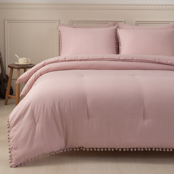 1 CASE | Pink 3 Pieces Comforter Sets with Ball Pom Fringe, Soft Bedding Set for All Seasons