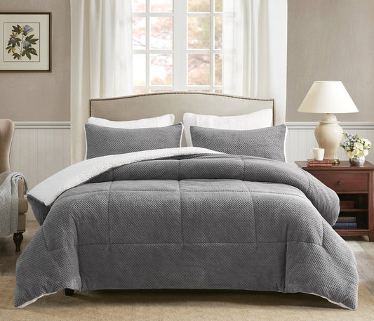 1 CASE | Grey 3 Pcs Velvet Comforter Set Luxury Textured Bedding Fluffy Breathable Bed in A Bag