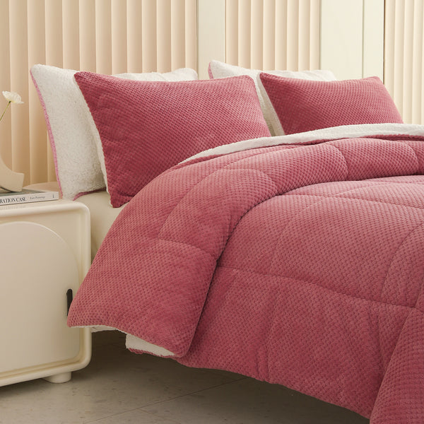 1 CASE | Rose Pink 3 Pcs Velvet Comforter Set Luxury Textured Bedding Fluffy Breathable Bed in A Bag