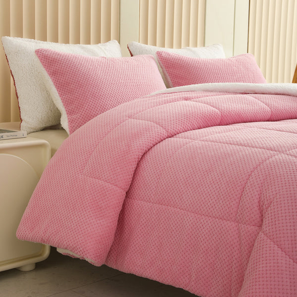 1 CASE | Light Pink 3 Pcs Velvet Comforter Set Luxury Textured Bedding Fluffy Breathable Bed in A Bag