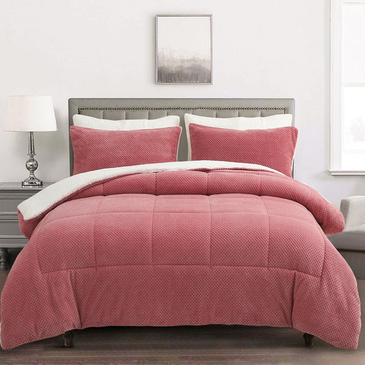 1 CASE | Rose Pink 3 Pcs Velvet Comforter Set Luxury Textured Bedding Fluffy Breathable Bed in A Bag