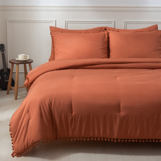 1 CASE | Orange 3 Pieces Comforter Sets with Ball Pom Fringe, Soft Bedding Set for All Seasons