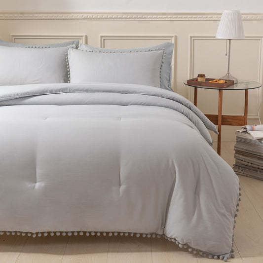 1 CASE | Light Grey 3 Pieces Comforter Sets with Ball Pom Fringe, Soft Bedding Set for All Seasons