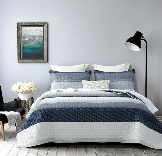3 Pieces All Size Quilt Set, Blue & Navy Striped Patchwork Pattern Bedspread, Soft Light All Season Coverlet - Sleepbella 3 Pieces All Size Quilt Set, Blue & Navy Striped Patchwork Pattern Bedspread, Soft Light All Season Coverlet - Queen(90" x 96")