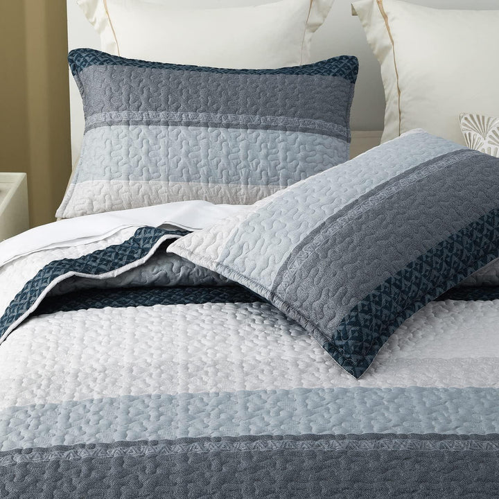 3 Pieces All Size Quilt Set, Blue & Navy Striped Patchwork Pattern Bedspread, Soft Light All Season Coverlet - Sleepbella 3 Pieces All Size Quilt Set, Blue & Navy Striped Patchwork Pattern Bedspread, Soft Light All Season Coverlet - Queen(90" x 96")