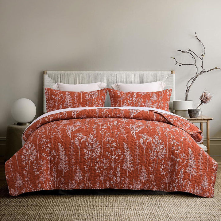 3 Pieces All Size Quilt Set, Coral Orange Printed with White Botanical Pattern Bedspread, Soft Light All Season Coverlet - Sleepbella 3 Pieces All Size Quilt Set, Coral Orange Printed with White Botanical Pattern Bedspread, Soft Light All Season Coverlet - Queen(90" x 96")