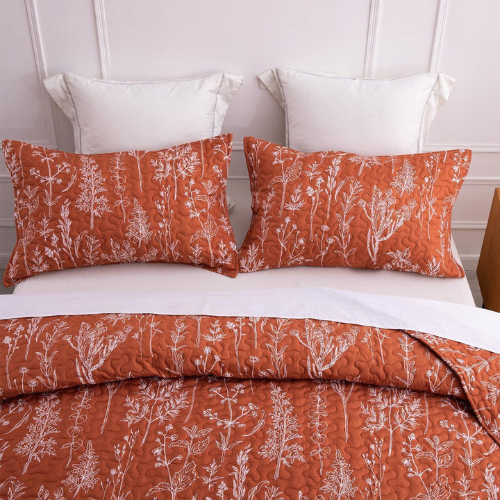 3 Pieces All Size Quilt Set, Coral Orange Printed with White Botanical Pattern Bedspread, Soft Light All Season Coverlet - Sleepbella 3 Pieces All Size Quilt Set, Coral Orange Printed with White Botanical Pattern Bedspread, Soft Light All Season Coverlet - Queen(90" x 96")