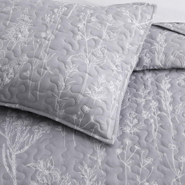 3 Pieces All Size Quilt Set, Grey Botanical Pattern Bedspread, Soft Light All Season Coverlet - Sleepbella 3 Pieces All Size Quilt Set, Grey Botanical Pattern Bedspread, Soft Light All Season Coverlet - Queen(90" x 96")