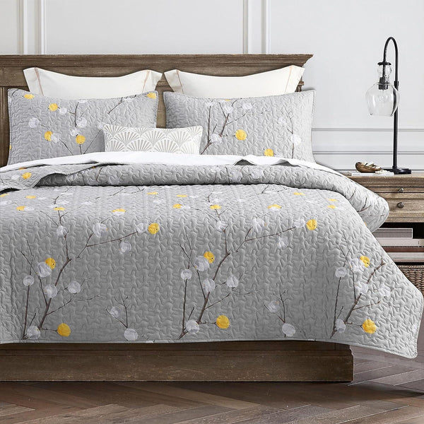 3 Pieces All Size Quilt Set, Grey Branch with Yellow Turquoise Polka Dot Pattern Bedspread, Soft Light All Season Coverlet - Sleepbella 3 Pieces All Size Quilt Set, Grey Branch with Yellow Turquoise Polka Dot Pattern Bedspread, Soft Light All Season Coverlet - Queen(90" x 96")