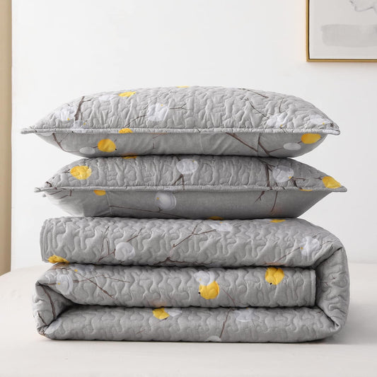 3 Pieces All Size Quilt Set, Grey Branch with Yellow Turquoise Polka Dot Pattern Bedspread, Soft Light All Season Coverlet - Sleepbella 3 Pieces All Size Quilt Set, Grey Branch with Yellow Turquoise Polka Dot Pattern Bedspread, Soft Light All Season Coverlet - Queen(90" x 96")