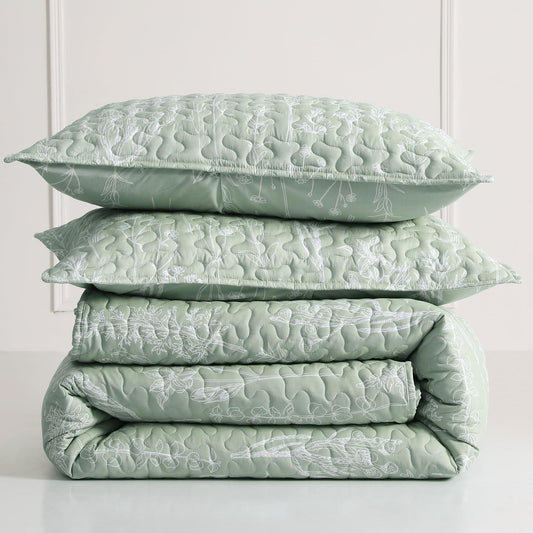 3 Pieces All Size Quilt Set, Sage Green Printed with White Botanical Pattern Bedspread, Soft Light All Season Coverlet - Sleepbella 3 Pieces All Size Quilt Set, Sage Green Printed with White Botanical Pattern Bedspread, Soft Light All Season Coverlet - Queen(90" x 96")