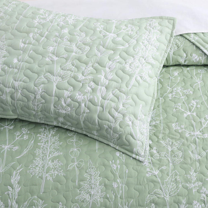 3 Pieces All Size Quilt Set, Sage Green Printed with White Botanical Pattern Bedspread, Soft Light All Season Coverlet - Sleepbella 3 Pieces All Size Quilt Set, Sage Green Printed with White Botanical Pattern Bedspread, Soft Light All Season Coverlet - Queen(90" x 96")