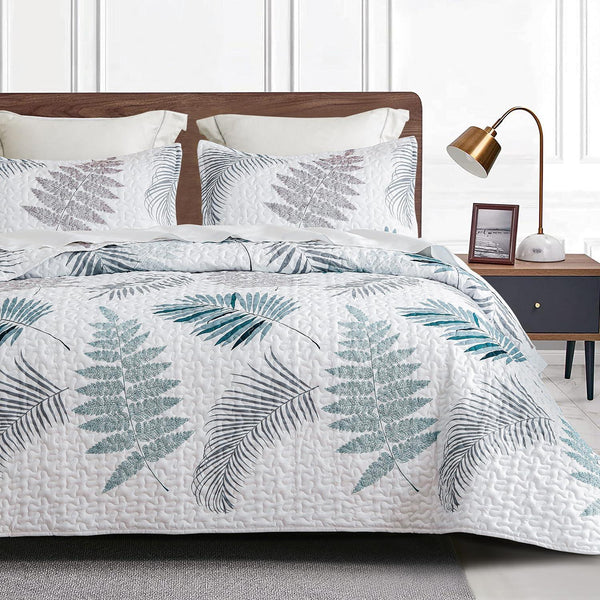3 Pieces All Size Quilt Set, Teal & Khaki Leaves Pattern Bedspread, Soft Light All Season Coverlet - Sleepbella 3 Pieces All Size Quilt Set, Teal & Khaki Leaves Pattern Bedspread, Soft Light All Season Coverlet - Queen(90" x 96")