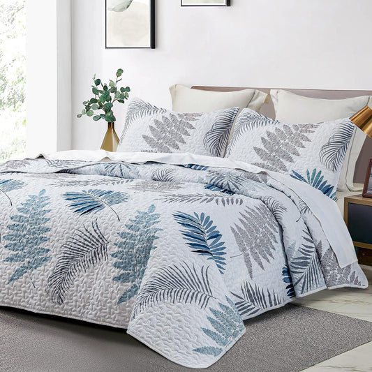 3 Pieces All Size Quilt Set, Teal & Khaki Leaves Pattern Bedspread, Soft Light All Season Coverlet - Sleepbella 3 Pieces All Size Quilt Set, Teal & Khaki Leaves Pattern Bedspread, Soft Light All Season Coverlet - Queen(90" x 96")