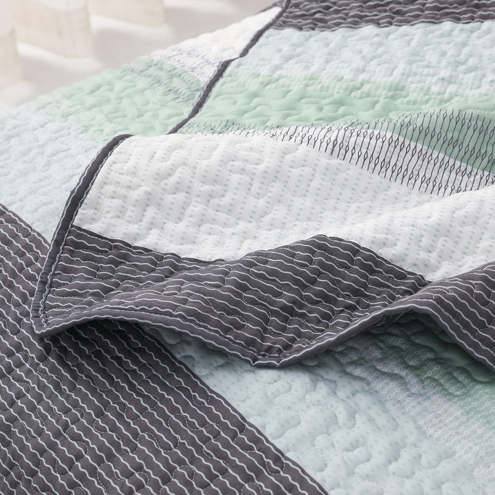 3 Pieces All Size Quilt Set, White & Mint Green & Blue & Grey Bohemian Stripes Pattern Bedspread, Soft Light All Season Coverlet - Sleepbella 3 Pieces All Size Quilt Set, White & Mint Green & Blue & Grey Bohemian Stripes Pattern Bedspread, Soft Light All Season Coverlet - Queen(90" x 96")