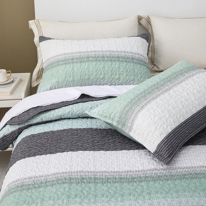 3 Pieces All Size Quilt Set, White & Mint Green & Blue & Grey Bohemian Stripes Pattern Bedspread, Soft Light All Season Coverlet - Sleepbella 3 Pieces All Size Quilt Set, White & Mint Green & Blue & Grey Bohemian Stripes Pattern Bedspread, Soft Light All Season Coverlet - Queen(90" x 96")