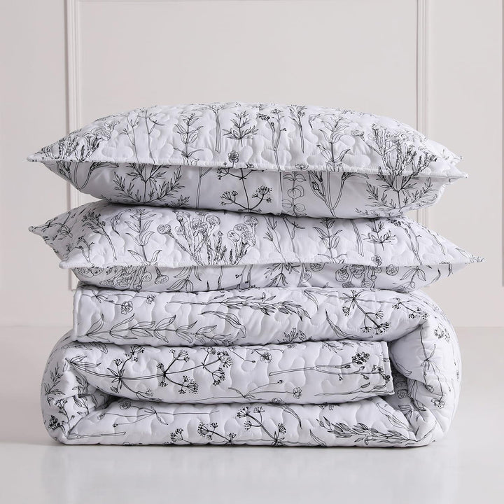 3 Pieces All Size Quilt Set, White Printed with Black Botanical Pattern Bedspread, Soft Light All Season Coverlet - Sleepbella 3 Pieces All Size Quilt Set, White Printed with Black Botanical Pattern Bedspread, Soft Light All Season Coverlet - Queen(90" x 96")