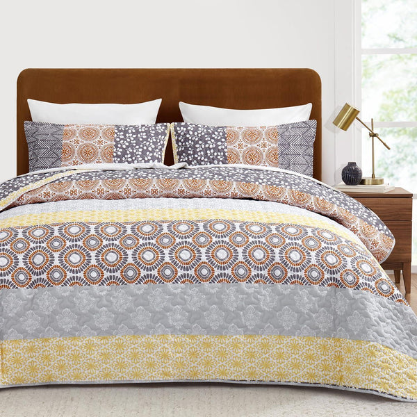 Comforter Quilt Set, Lightweight Quilts Coverlets with Yellow Bohemian Striped Pattern, Ultra Soft Washable Bedspread for All Season - Sleepbella Comforter Quilt Set, Lightweight Quilts Coverlets with Yellow Bohemian Striped Pattern, Ultra Soft Washable Bedspread for All Season - Queen(90" x 96")