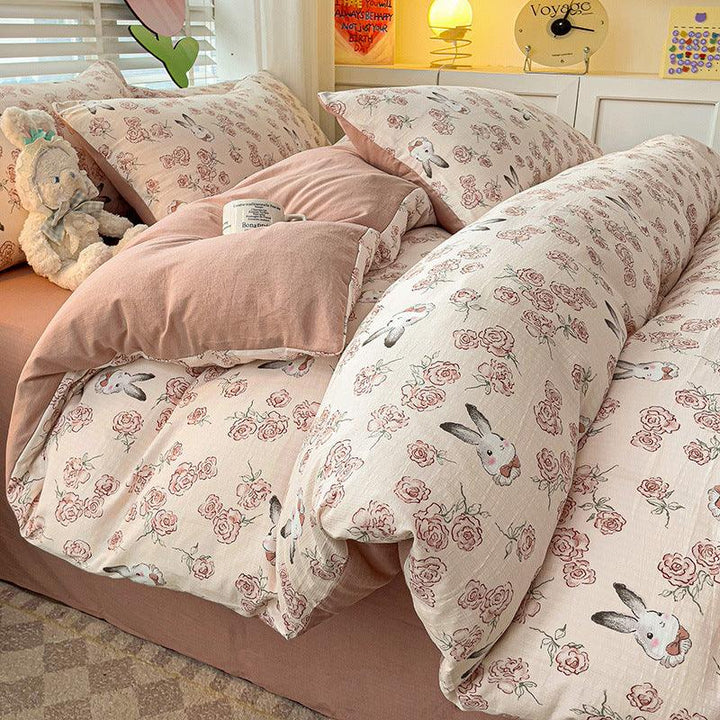 Double Layer Gauze Cotton Jacquard Fresh Style: Comfortable, Skin-Friendly, and Breathable - Sleepbella Double Layer Gauze Cotton Jacquard Fresh Style: Comfortable, Skin-Friendly, and Breathable - Flowers and Rabbits / Duvet Cover set / 1.2m【Duvet cover 59" x 78.7"/Flat Sheet 70.9" x 90.6"/Pillowcase 19.7" x 29.5"】3-piece set】