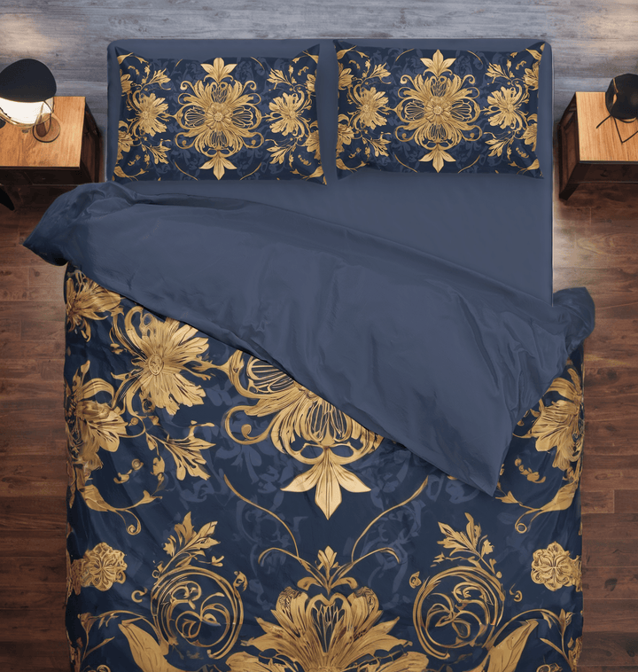 Reign of Luxury: Navy Blue and Golden Magnificent Royal Duvet Cover Bedding Set - Sleepbella Reign of Luxury: Navy Blue and Golden Magnificent Royal Duvet Cover Bedding Set - Navy Blue 01 / Duvet cover set / Twin