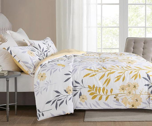 Comforter Set, 600 Thread Count Cotton Grey Branch with Yellow Flower & Grey Leaves Pattern Orange Reversible Comforter Set - Sleepbella Comforter Set, 600 Thread Count Cotton Grey Branch with Yellow Flower & Grey Leaves Pattern Orange Reversible Comforter Set - Twin