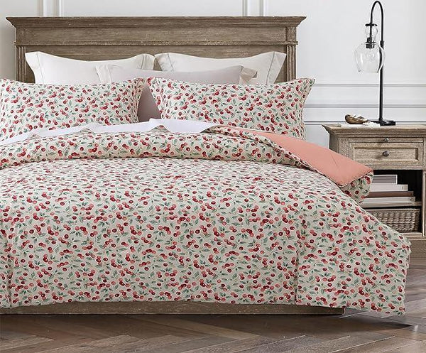 Comforter Set, 600 Thread Count Cotton White Print with Cherry Pattern Reversible , Down Alternative Bedding Set (Cherry Pink) - Sleepbella Comforter Set, 600 Thread Count Cotton White Print with Cherry Pattern Reversible , Down Alternative Bedding Set (Cherry Pink) - Twin