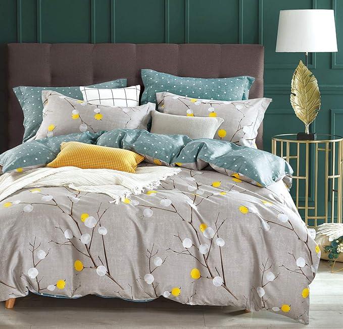 Duvet Cover Set, 600 Thread Count Cotton Grey Branch with Yellow Turquoise Polka Dot Pattern Green Reversible Comforter Cover(Grey Branch) - Sleepbella Duvet Cover Set, 600 Thread Count Cotton Grey Branch with Yellow Turquoise Polka Dot Pattern Green Reversible Comforter Cover(Grey Branch) - Tiwn