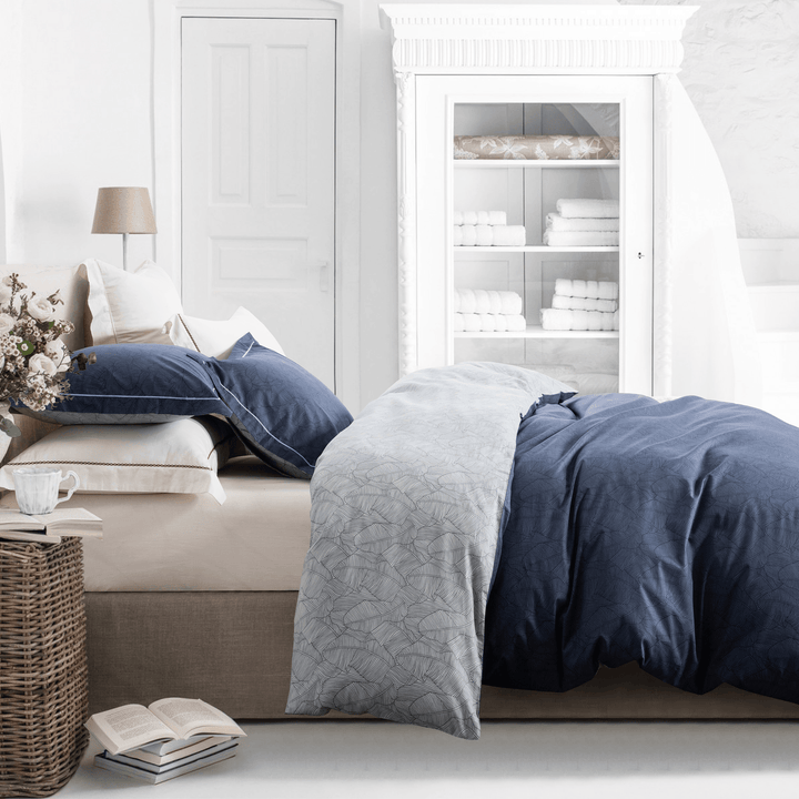 Duvet Cover Set, 600 Thread Count Cotton Navy & Grey Printed with Luxurious Blue Leaves Pattern Reversible Botanical, Bedding Set - Sleepbella Duvet Cover Set, 600 Thread Count Cotton Navy & Grey Printed with Luxurious Blue Leaves Pattern Reversible Botanical, Bedding Set - Twin