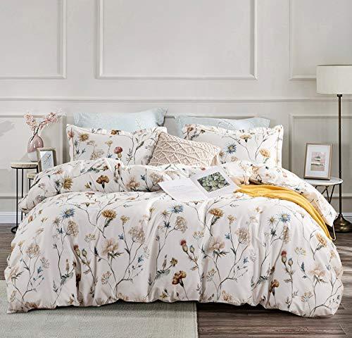 Comforter Set, 600 Thread Count Cotton White Printed with Blue & Blush Flowers Cotton Comforter Set,Down Alternative Bedding Set 3Pcs(White Floral) - Sleepbella Comforter Set, 600 Thread Count Cotton White Printed with Blue & Blush Flowers Cotton Comforter Set,Down Alternative Bedding Set 3Pcs(White Floral) - Queen