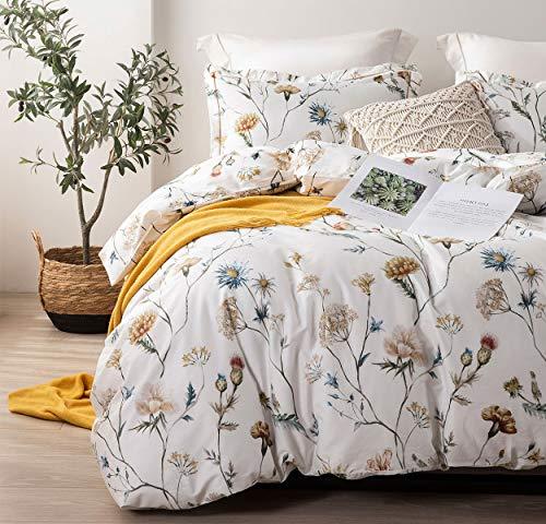 Comforter Set, 600 Thread Count Cotton White Printed with Blue & Blush Flowers Cotton Comforter Set,Down Alternative Bedding Set 3Pcs(White Floral) - Sleepbella Comforter Set, 600 Thread Count Cotton White Printed with Blue & Blush Flowers Cotton Comforter Set,Down Alternative Bedding Set 3Pcs(White Floral) - Queen