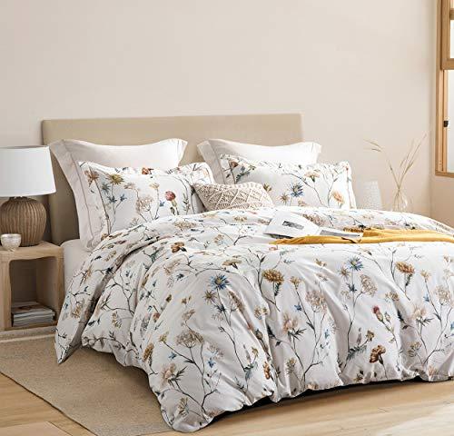 Comforter Set, 600 Thread Count Cotton White Printed with Blue & Blush Flowers Cotton Comforter Set,Down Alternative Bedding Set 3Pcs(White Floral) - Sleepbella Comforter Set, 600 Thread Count Cotton White Printed with Blue & Blush Flowers Cotton Comforter Set,Down Alternative Bedding Set 3Pcs(White Floral) - Queen