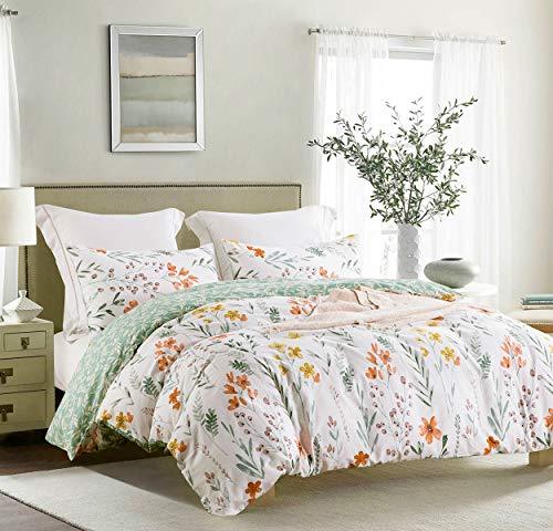 Duvet Cover Set, 600 Thread Count Cotton Bedding Set Yellow Flowers and Green Branches Printed on White Reversible Comforter Cover - Sleepbella Duvet Cover Set, 600 Thread Count Cotton Bedding Set Yellow Flowers and Green Branches Printed on White Reversible Comforter Cover - Twin