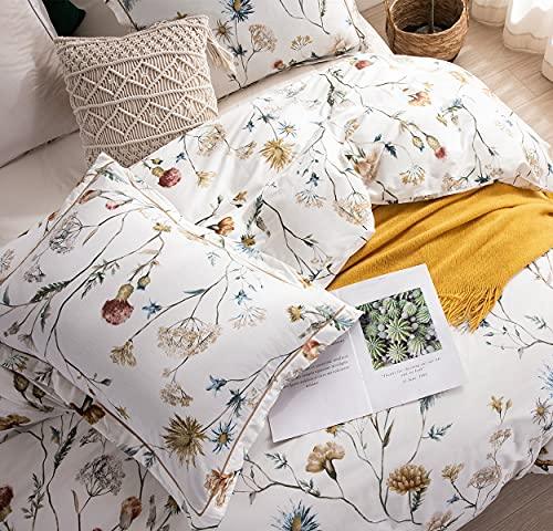 Duvet Cover Set, 600 Thread Count Cotton Yellow & Blue Flowers Printed on Off-White Luxury Floral Comforter Cover Sets, Bedding Set (White Floral) - Sleepbella Duvet Cover Set, 600 Thread Count Cotton Yellow & Blue Flowers Printed on Off-White Luxury Floral Comforter Cover Sets, Bedding Set (White Floral) - Twin